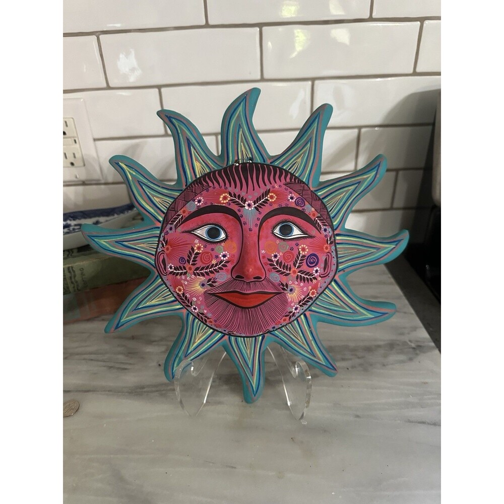 Talavera Style Sun Face Wall Art Hand Painted Ceramic Floral Mexico Folk Signed